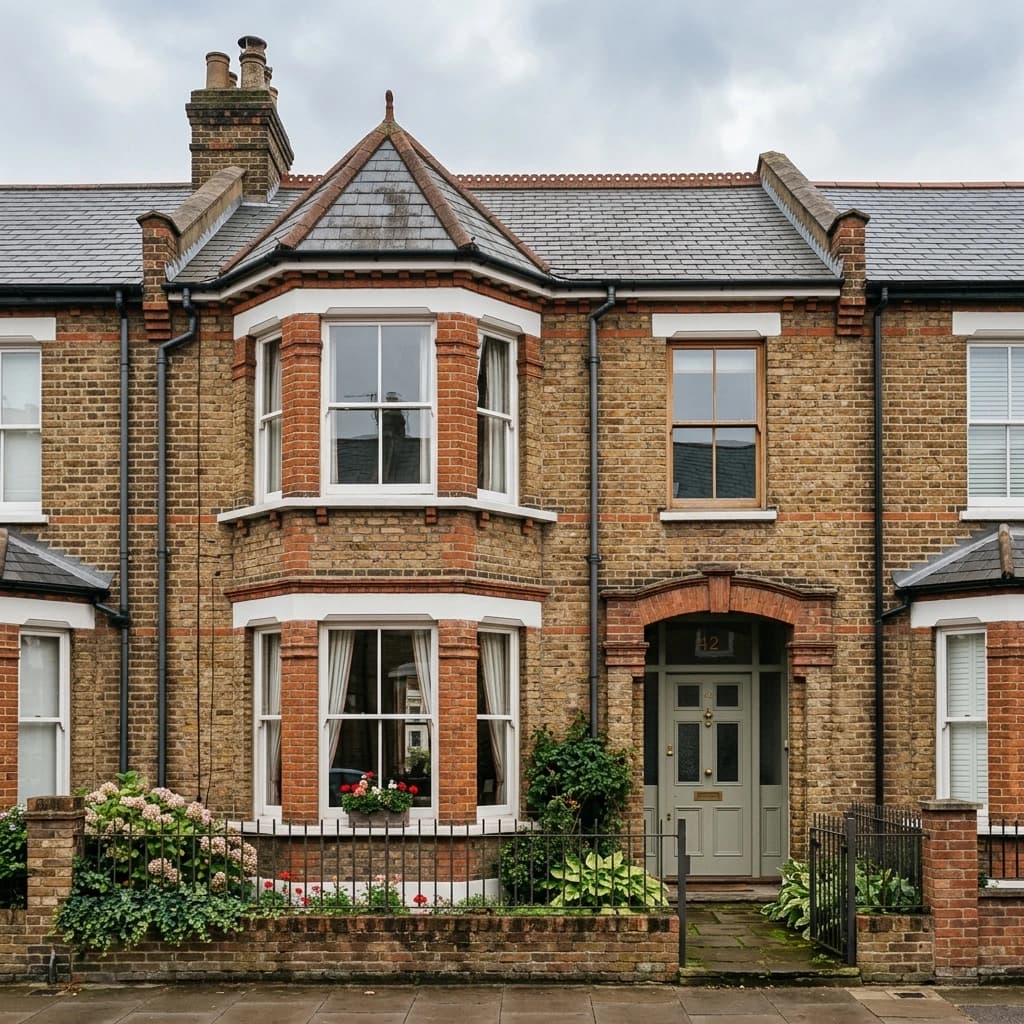 The front elevation of a tired but characterful terraced house
