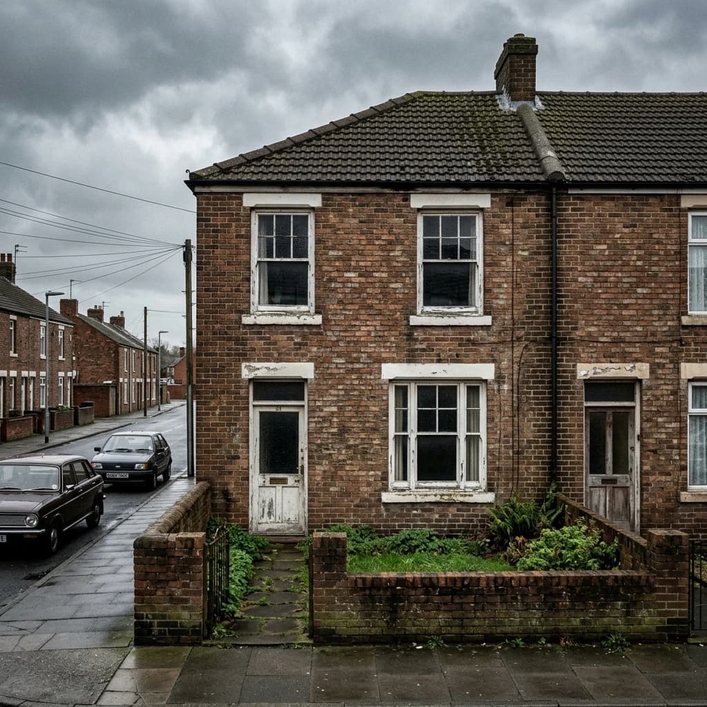 An outdated brick property with a failing roofline and single glazing