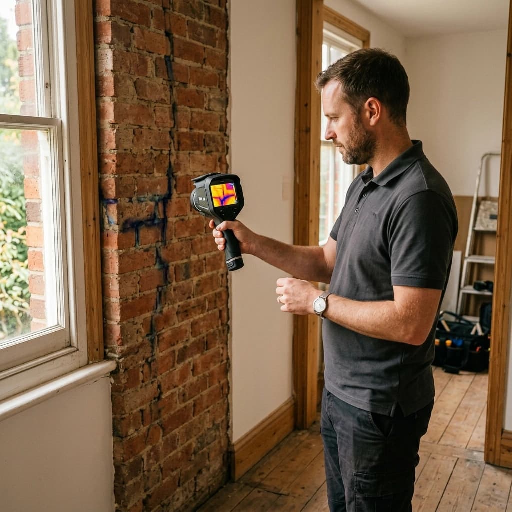 An energy survey in progress, showing a thermal camera reading against a stripped wall